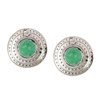 Natural Emerald Pave Diamond Round Stud Earrings In 14k White Gold