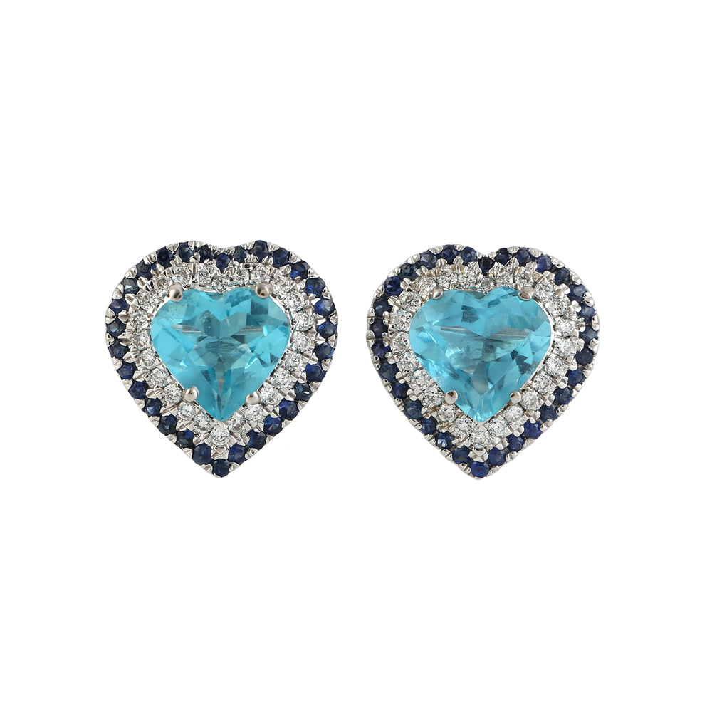 Natural Apatite Blue Sapphire Diamond Heart Stud Earrings In 18k White Gold