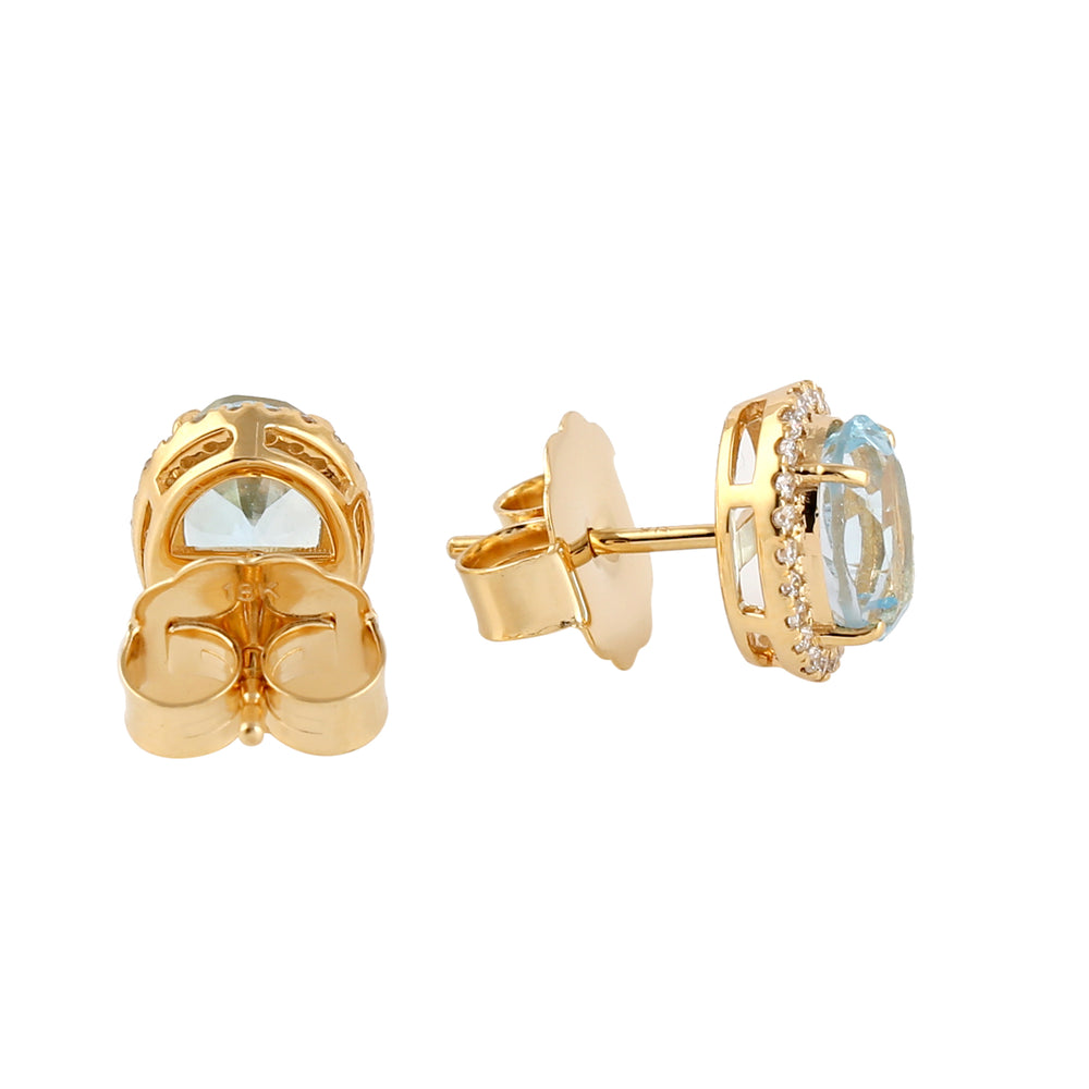 Oval Cut Blue Topaz Pave Diamond Minimal Stud Earrings In 18k Yellow Gold