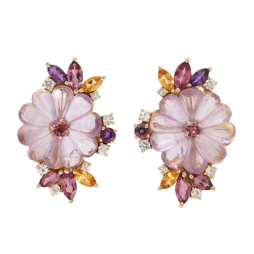 Handcarved Amethyst Multiple Gemstone Daisy Stud Earrings In 18k Gold