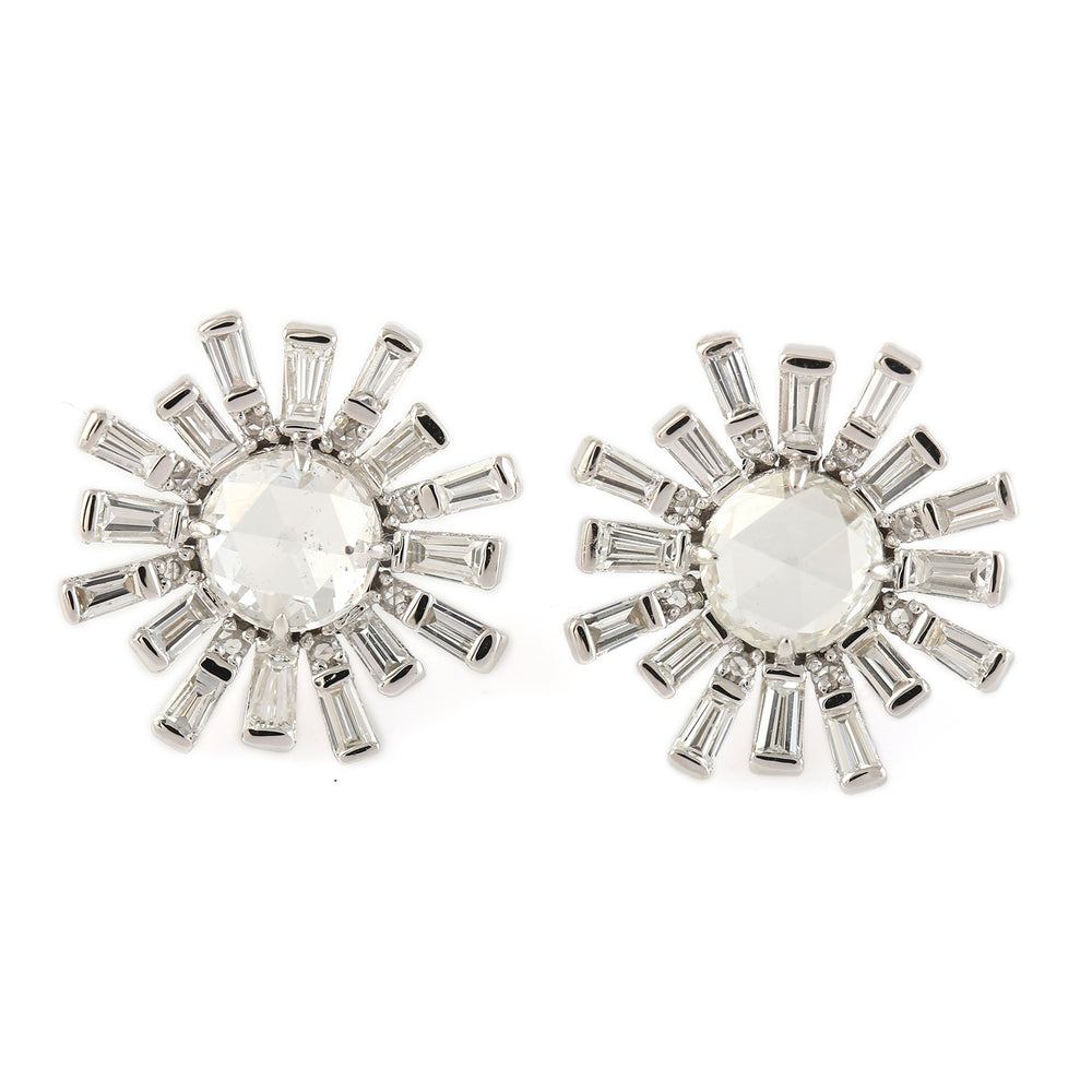 Baguette Diamond Sun Burst Stud Earrings In 18k White Gold For Her