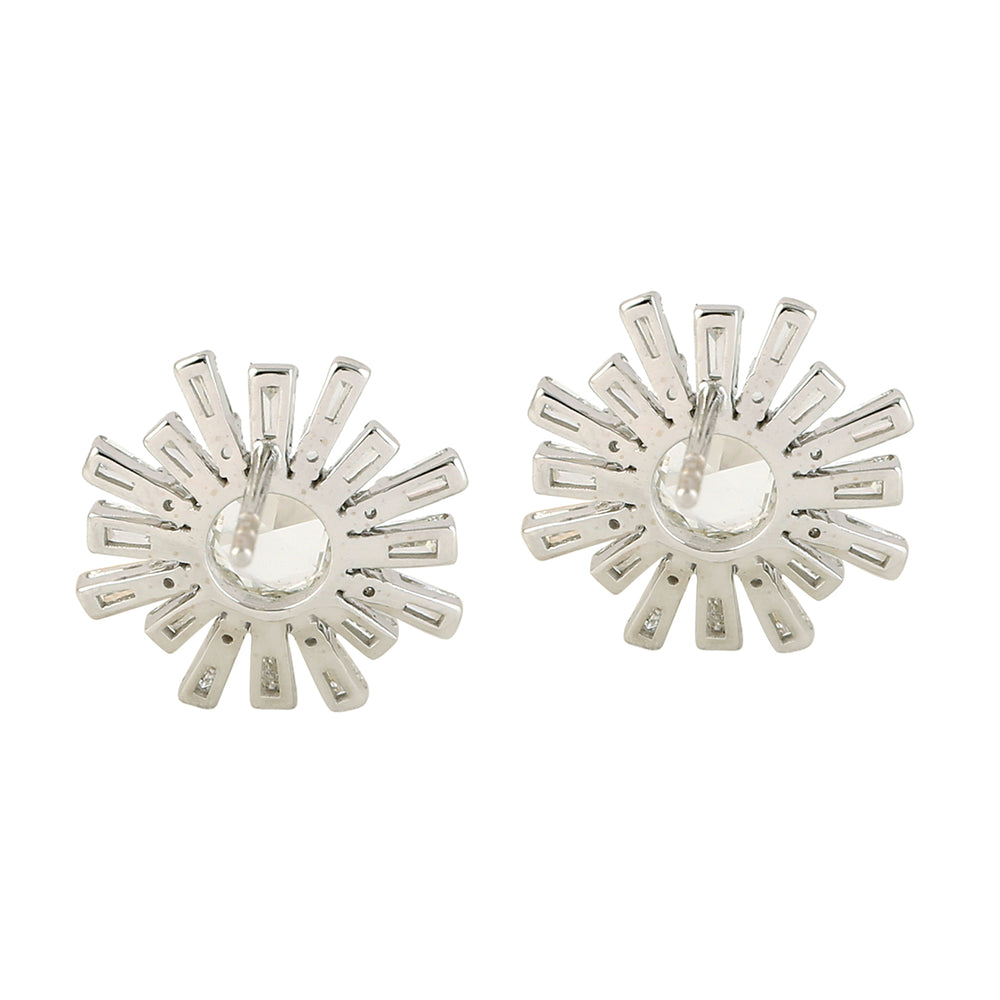 Baguette Diamond Sun Burst Stud Earrings In 18k White Gold For Her