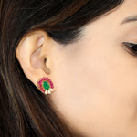 Beautiful Ruby Emerald & Diamond Designer Bridal Stud Earrings In 18k Yellow Gold