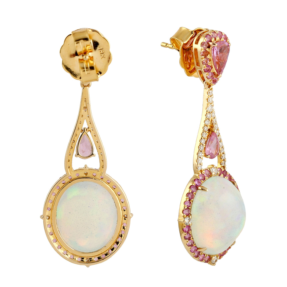 Opal Ethopian Sapphire Diamond Handmade Earrings in 18k Gold