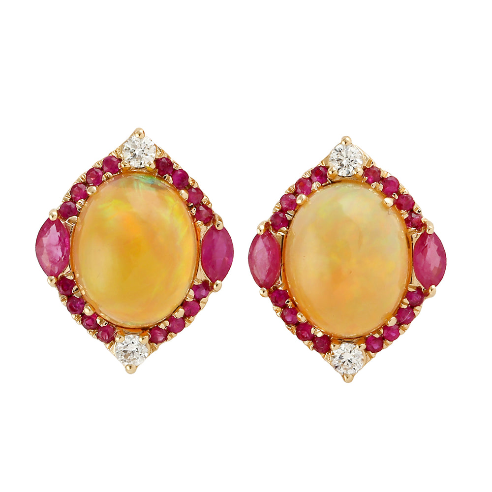 Opal Ethopian Ruby Diamond Wedding Stud Earrings In 18k Yellow Gold