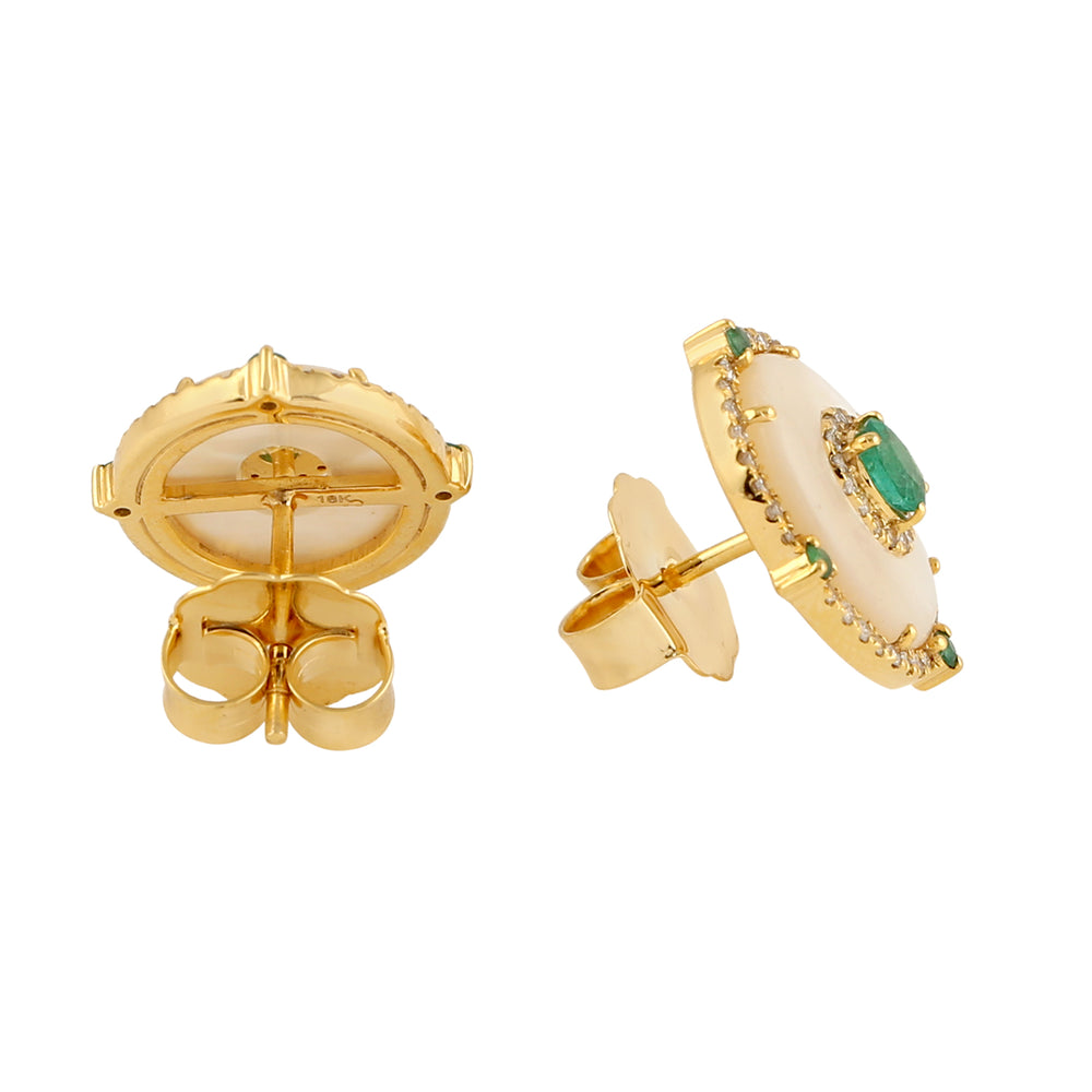 Natural Diamond Emerald MOP Stud Earrings in 18k Yellow Gold For Her