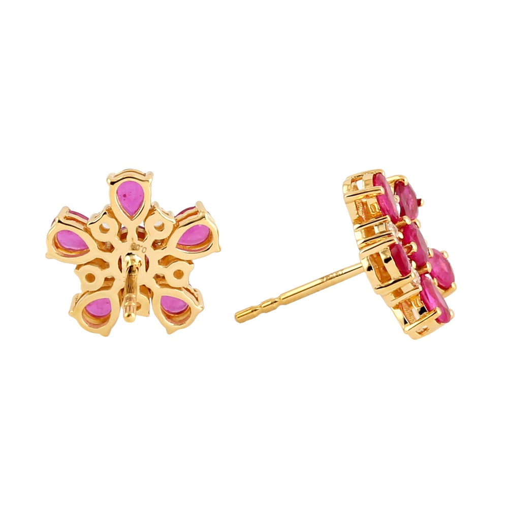 Pear Cut Ruby Diamond Daisy Stud Earrings 18k Yellow Gold