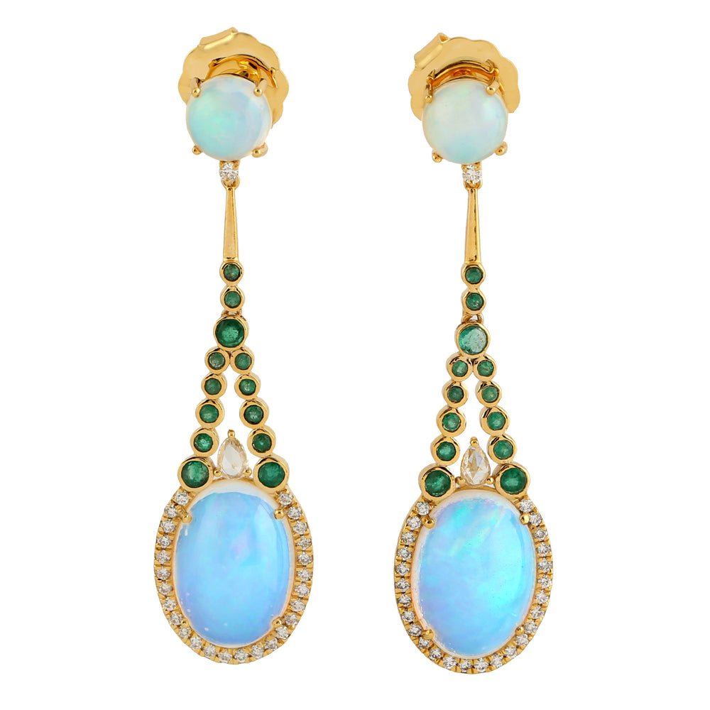 Oval Opal Ethiopian Bezel Set Emerald Pave Diamond Designer Danglers in 18k Yellow Gold