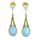 Oval Opal Ethiopian Bezel Set Emerald Pave Diamond Designer Danglers in 18k Yellow Gold