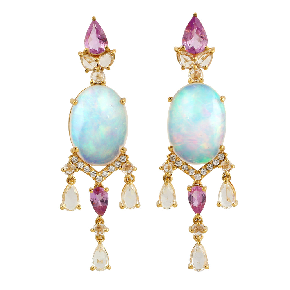 Pear Pink Sapphire Pave Diamond Oval Opal Ethiopian Beautiful Dangler in 18k Yellow Gold