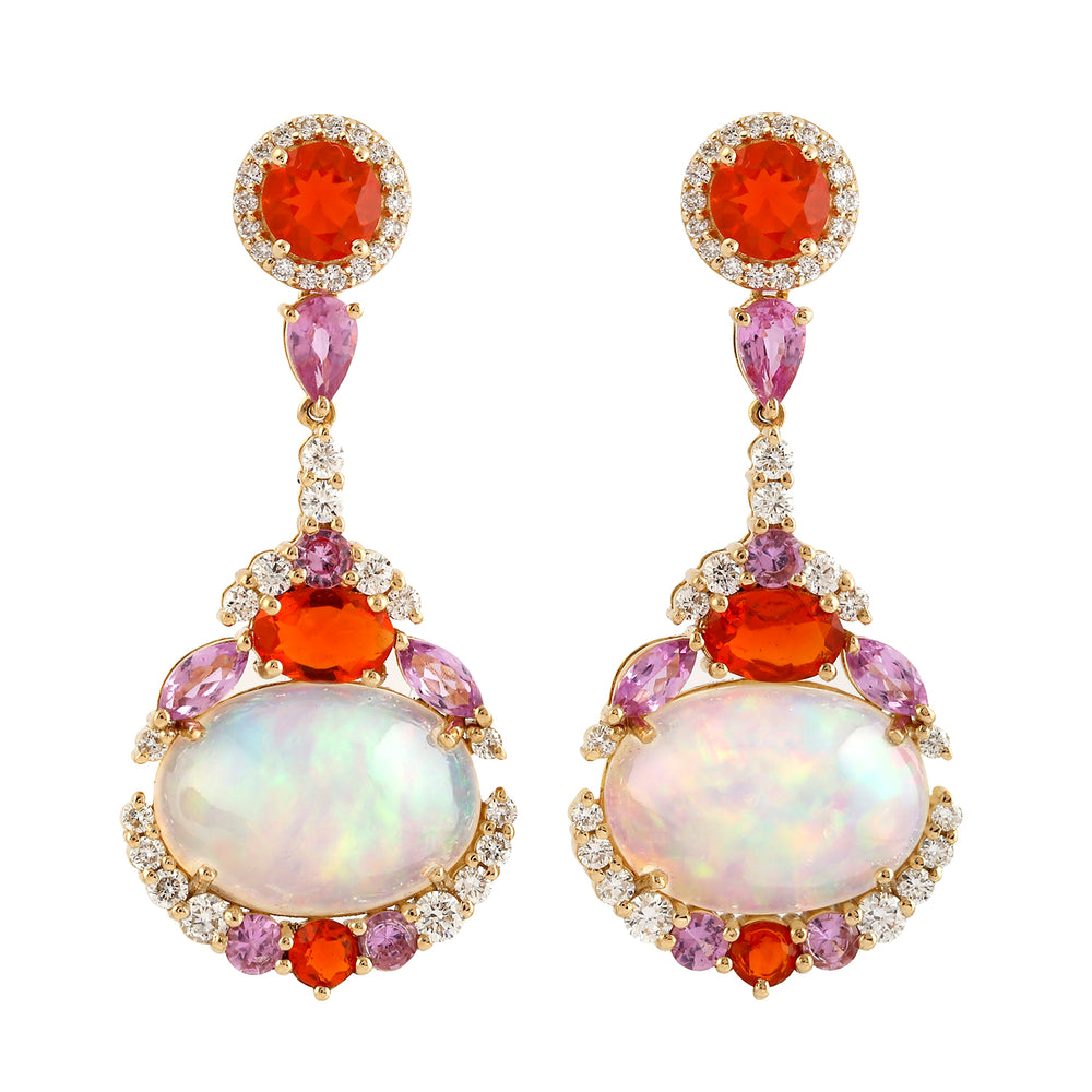 Fire Opal Oval Opal Ethiopian Designer Dangler Marquise Pink Sapphire Pave Diamond In Gold