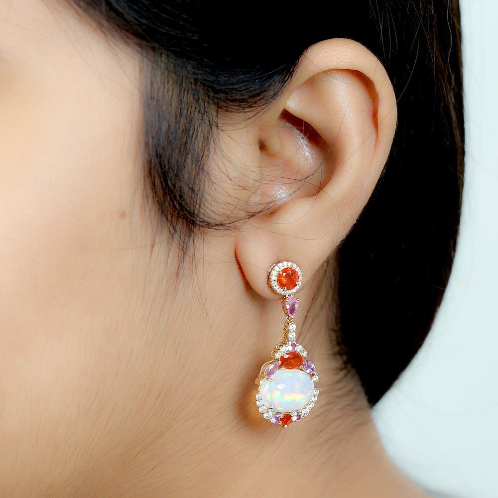 Fire Opal Oval Opal Ethiopian Designer Dangler Marquise Pink Sapphire Pave Diamond In Gold