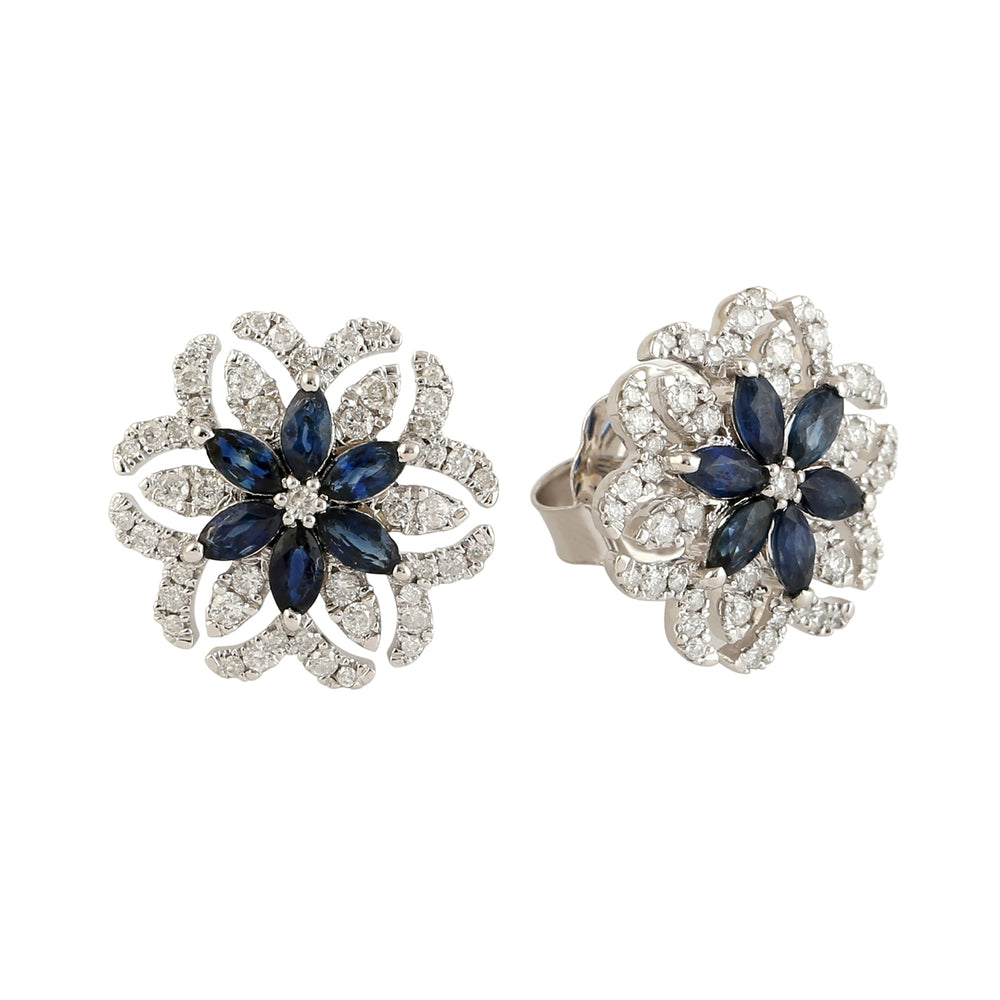 Marquise Blue Sapphire & Diamond Floral Stud Earrings In 18k White Gold