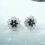 Marquise Blue Sapphire & Diamond Floral Stud Earrings In 18k White Gold