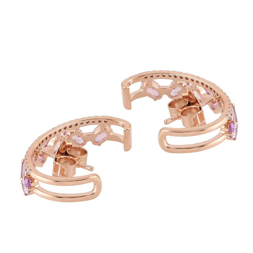 Natural Pink Sapphire pave Diamond Hopp Design Stud Earrings In 14k Rose Gold