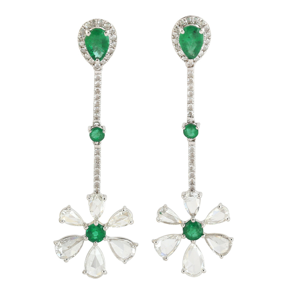 Emerald & Diamond Beautiful Floral Danglers In 18k White Gold For Gift