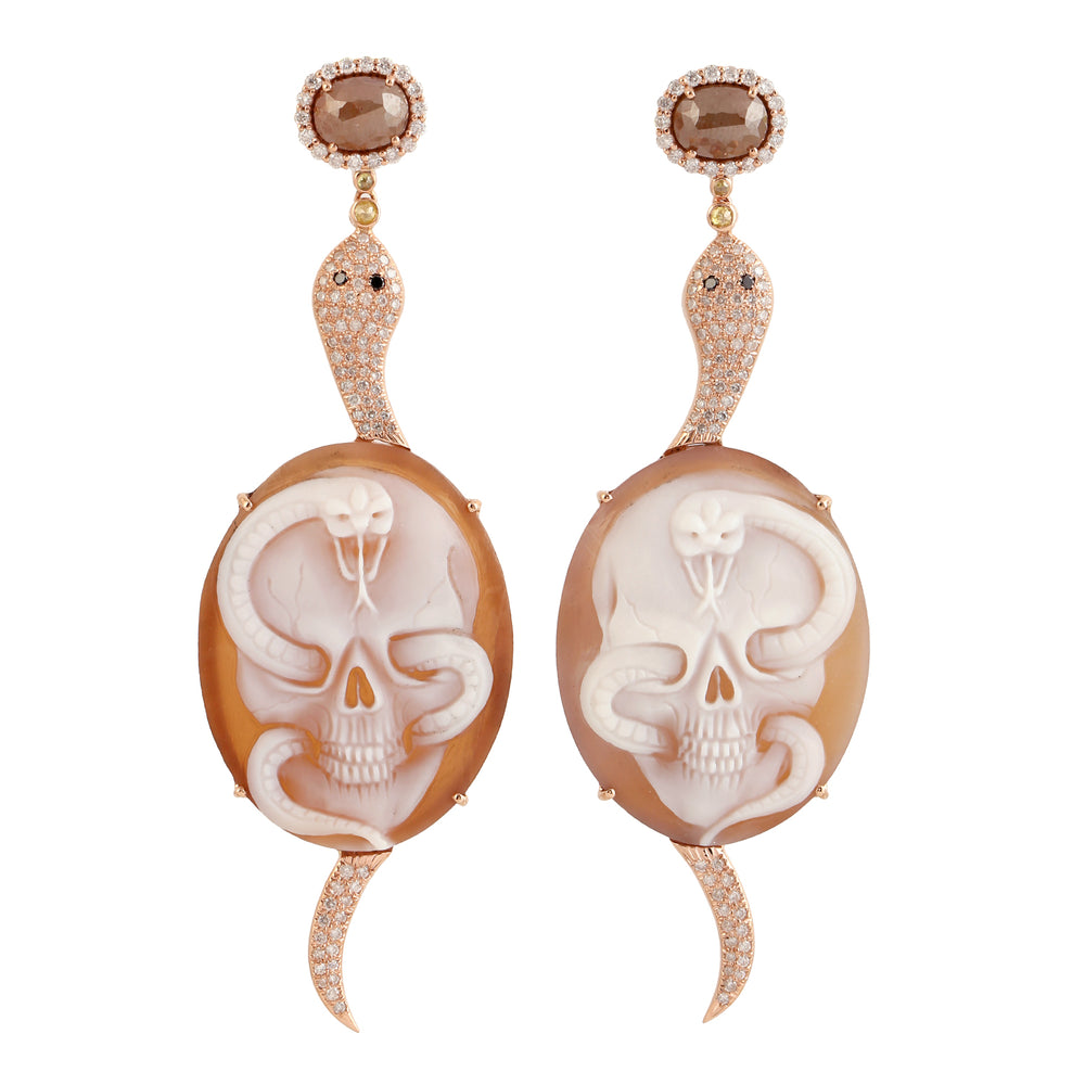 Shell Cameo  Pave Diamond Snake Design Halloween Danglers In 18k Rose Gold