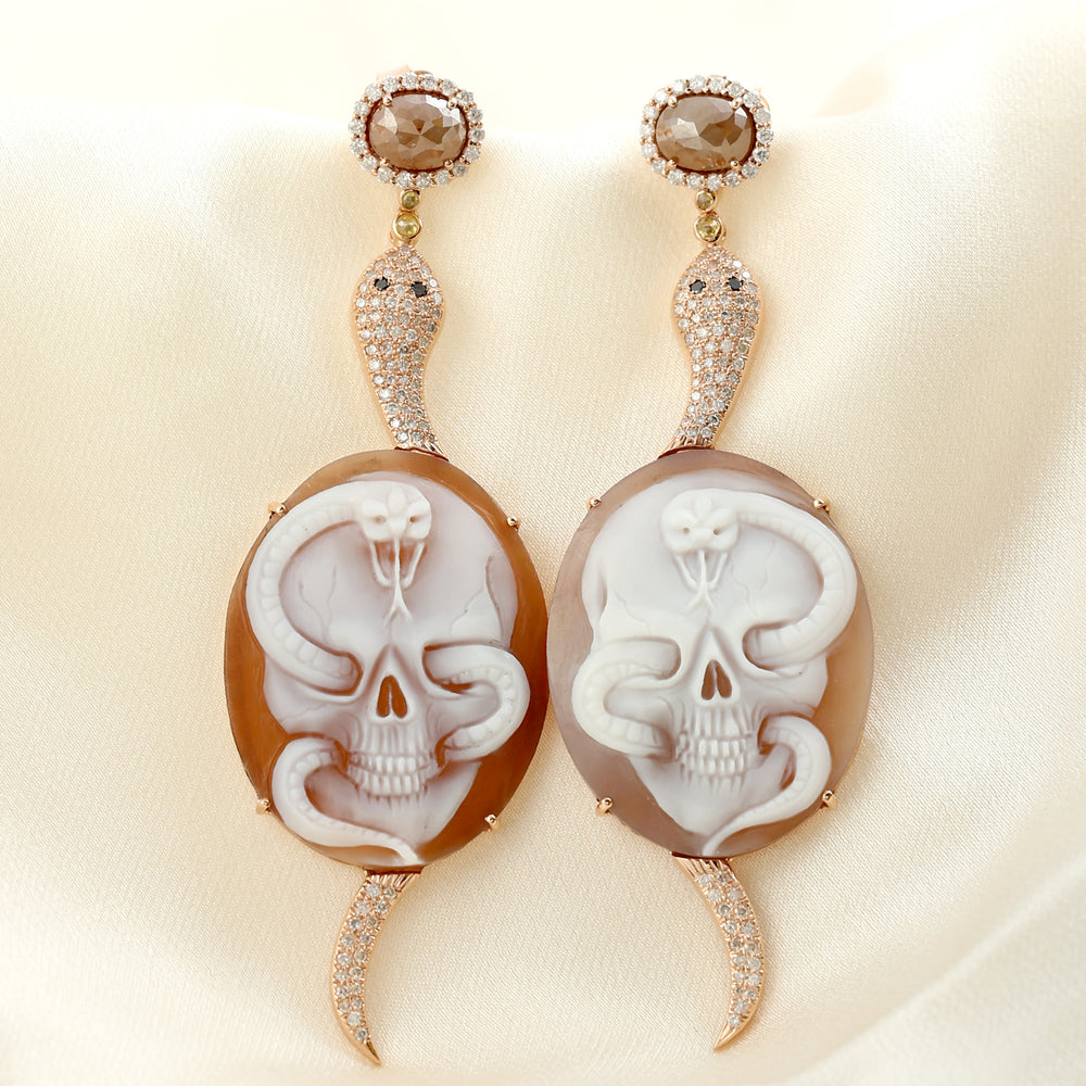 Shell Cameo  Pave Diamond Snake Design Halloween Danglers In 18k Rose Gold