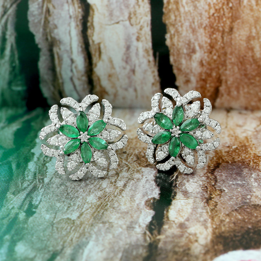 Marquise Emerald Pave Natural Diamond Floral Stud Earrings In 18k White Gold