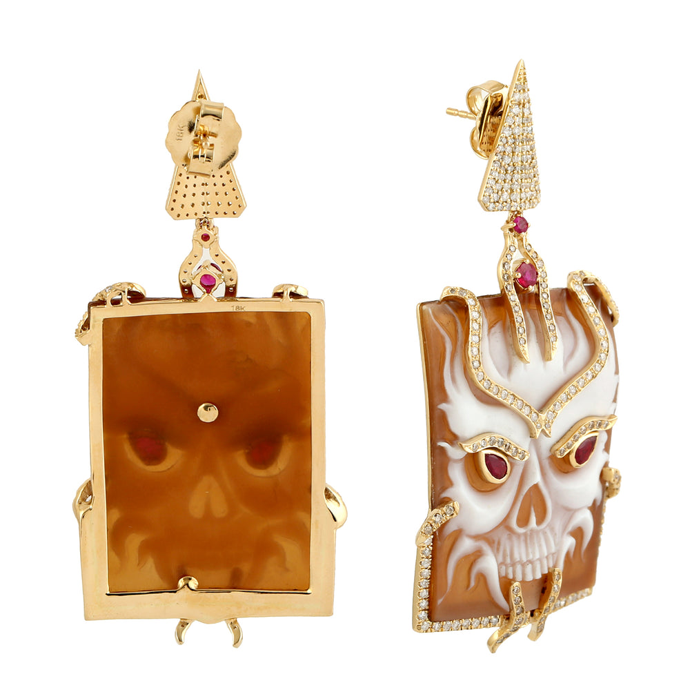 Natural Pave Diamond & Ruby Shell Cameo Dangler Halloween Jewelry In 18k Yellow Gold