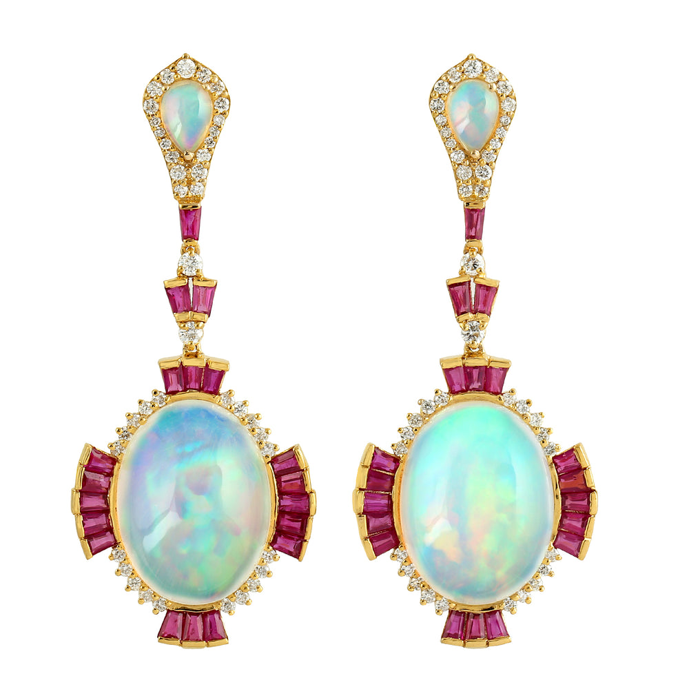 Opal Ethopian Ruby Long Drop Danglers in 18k Yellow gold For Her