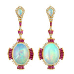 Opal Ethopian Ruby Long Drop Danglers in 18k Yellow gold For Her