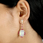 Opal Ethopian Ruby Long Drop Danglers in 18k Yellow gold For Her