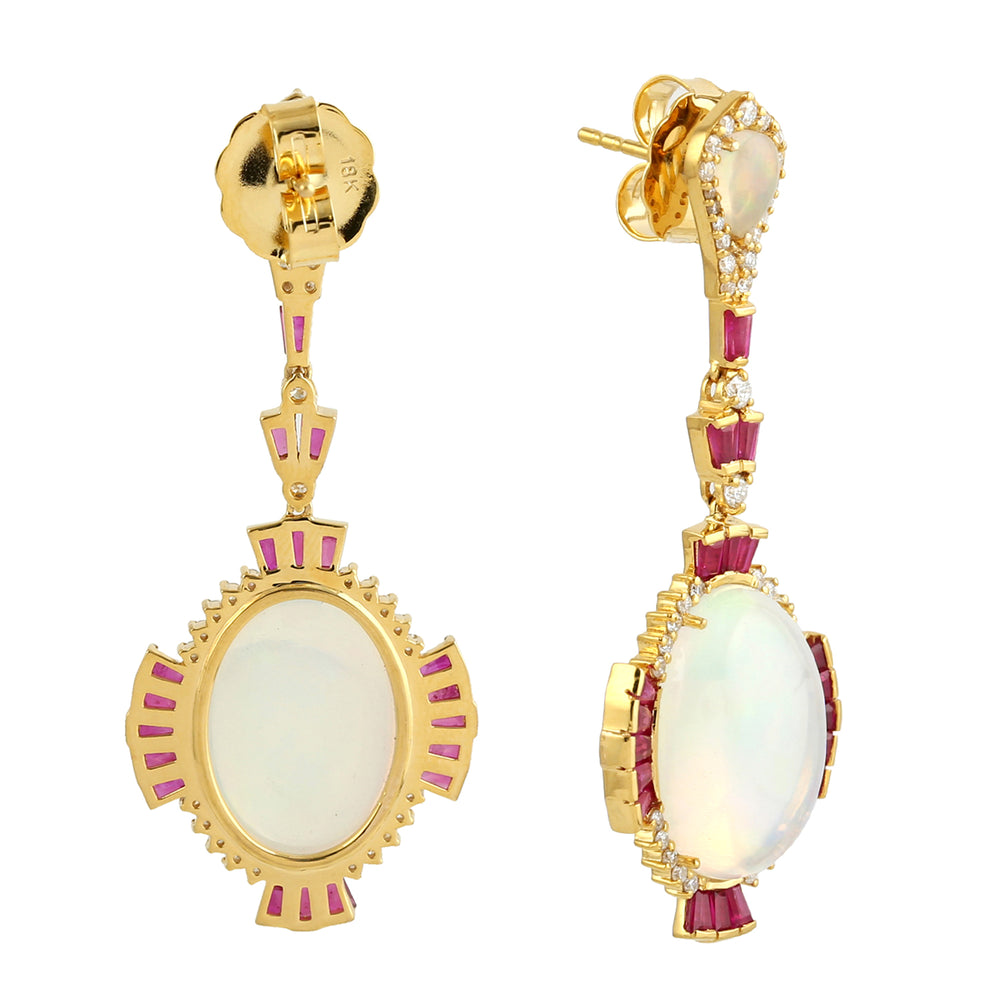 Opal Ethopian Ruby Long Drop Danglers in 18k Yellow gold For Her