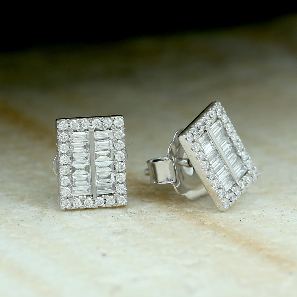 18k White Gold Channel Set Baguette Diamond Rectangle Stud Earrings