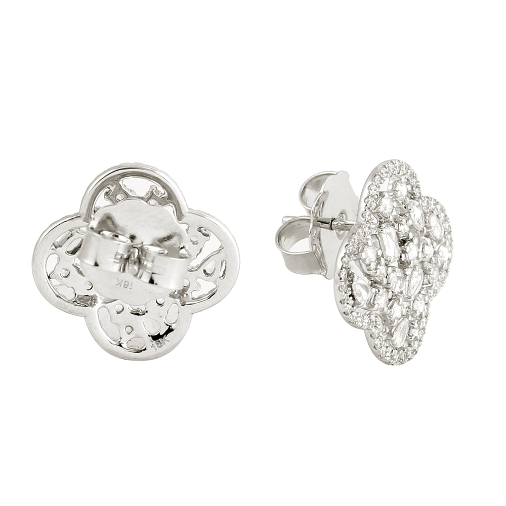 Natural Diamond Cluster Clover Leaf Design Stud Earrings In 18k Gold