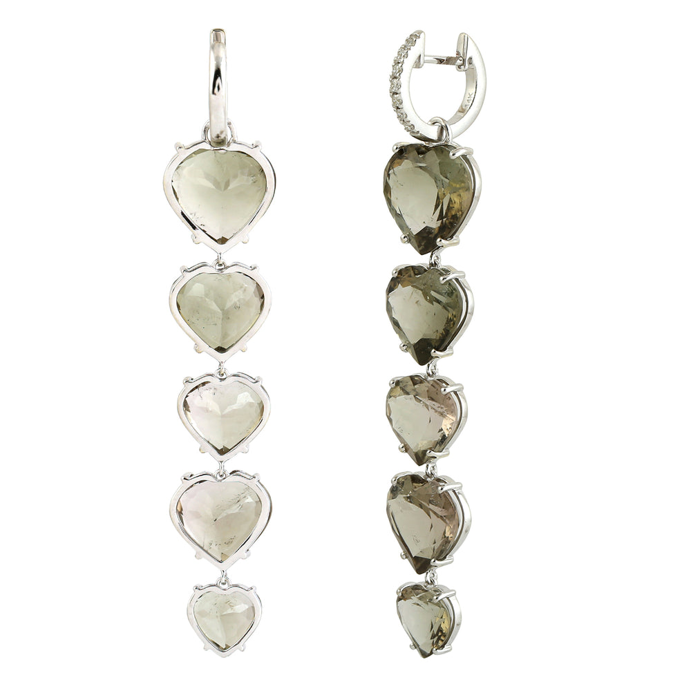 Heart Cut Green Tourmaline October Birthstone Pave Diamond Drop Danglers in 14k White Gold