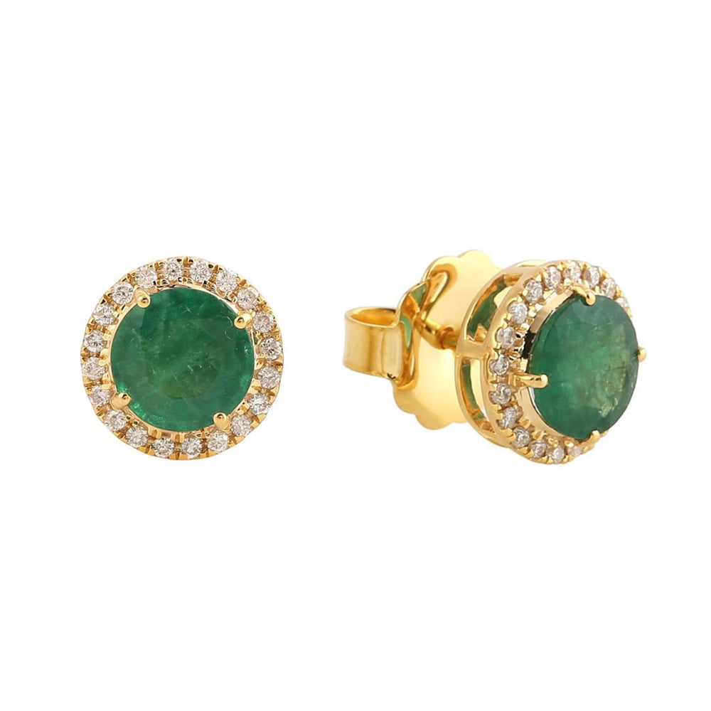 Round Emerald & Diamond Minimal Stud Earrings In 18k Yellow Gold