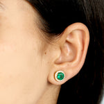 Round Emerald & Diamond Minimal Stud Earrings In 18k Yellow Gold