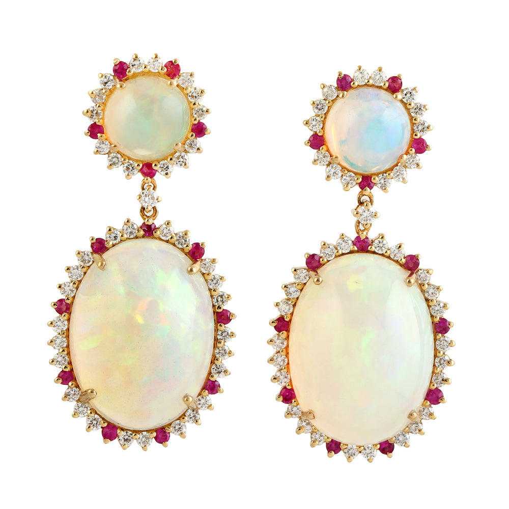 Natural Ruby Diamond & Opal Danglers Weddings Gift In 18k Yellow Gold