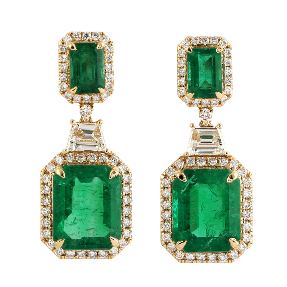 Emerald Cut Emerald May Birthstone Pave Diamond Danglers In 18k Yellow Gold