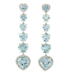 Heart Shape Aquamarine March Birthstone Diamond Long Drop Earrings In 18k White Gold