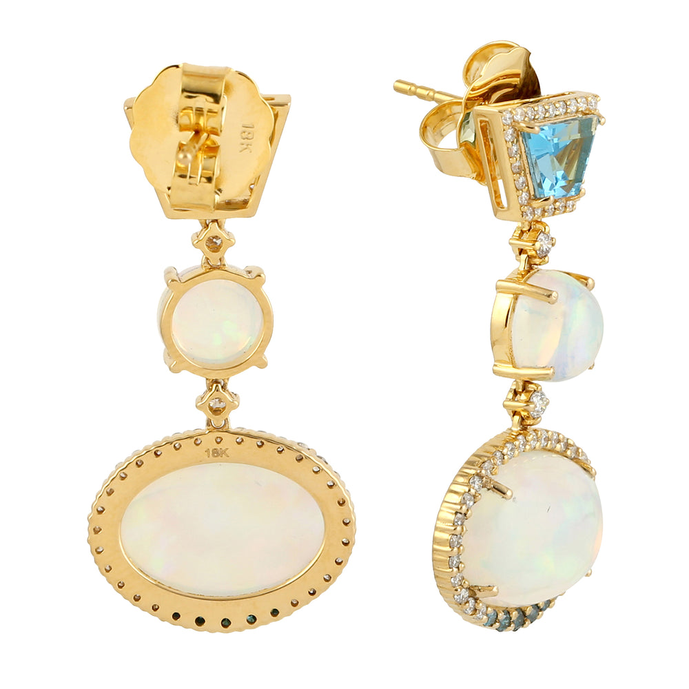 Opal Ethopian Topaz Pave Diamond Designer Earrings In 18k Yellow Gold