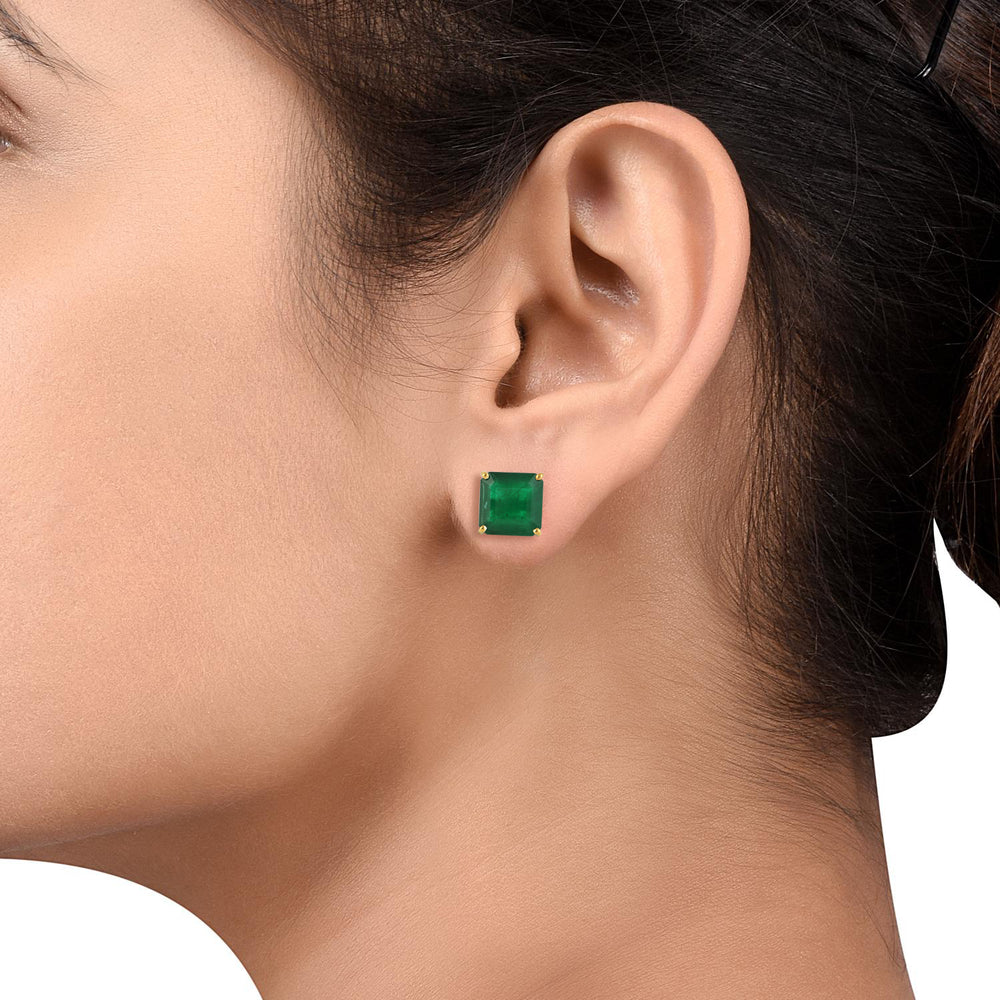 Prong Set Emerald Square Stud Earrings In Dual Tone 18k Gold