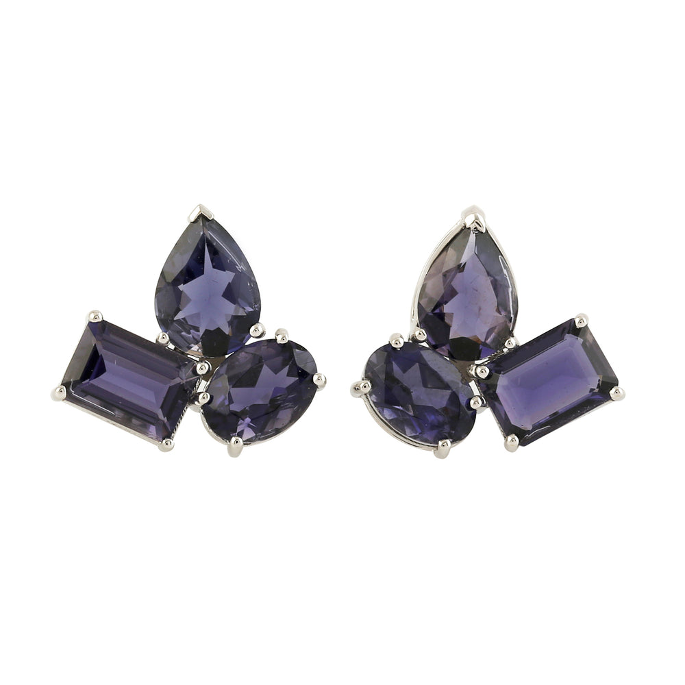 Natural Lolite Designer tiny Stud Earrings In 18k White gold