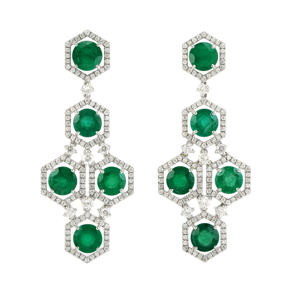 Round Emerald & Diamond Beautiful Danglers In 18k White Gold Wedding Jewelry