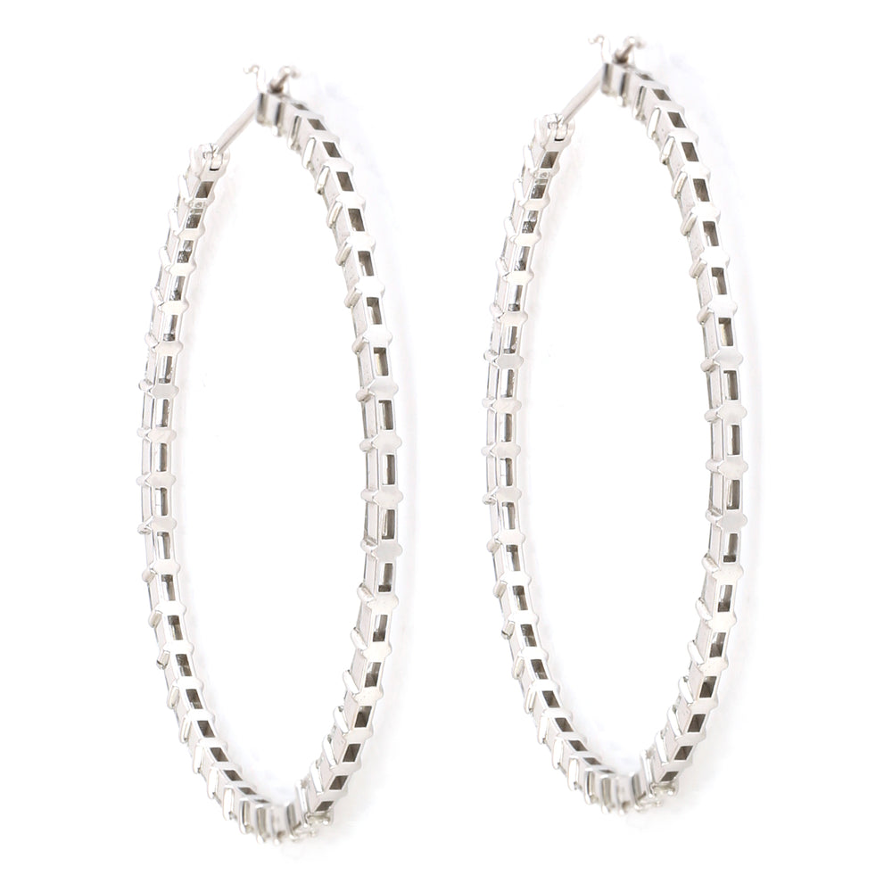 Natural Baguette Diamond Long Hoop Earrings in 18k White Gold Partywear Jewelry