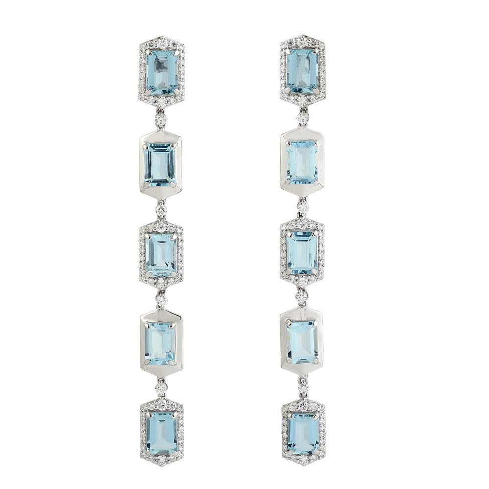 Baguette Aquamarine March Birthstone Pave Diamond Long Danglers in 18k White Gold