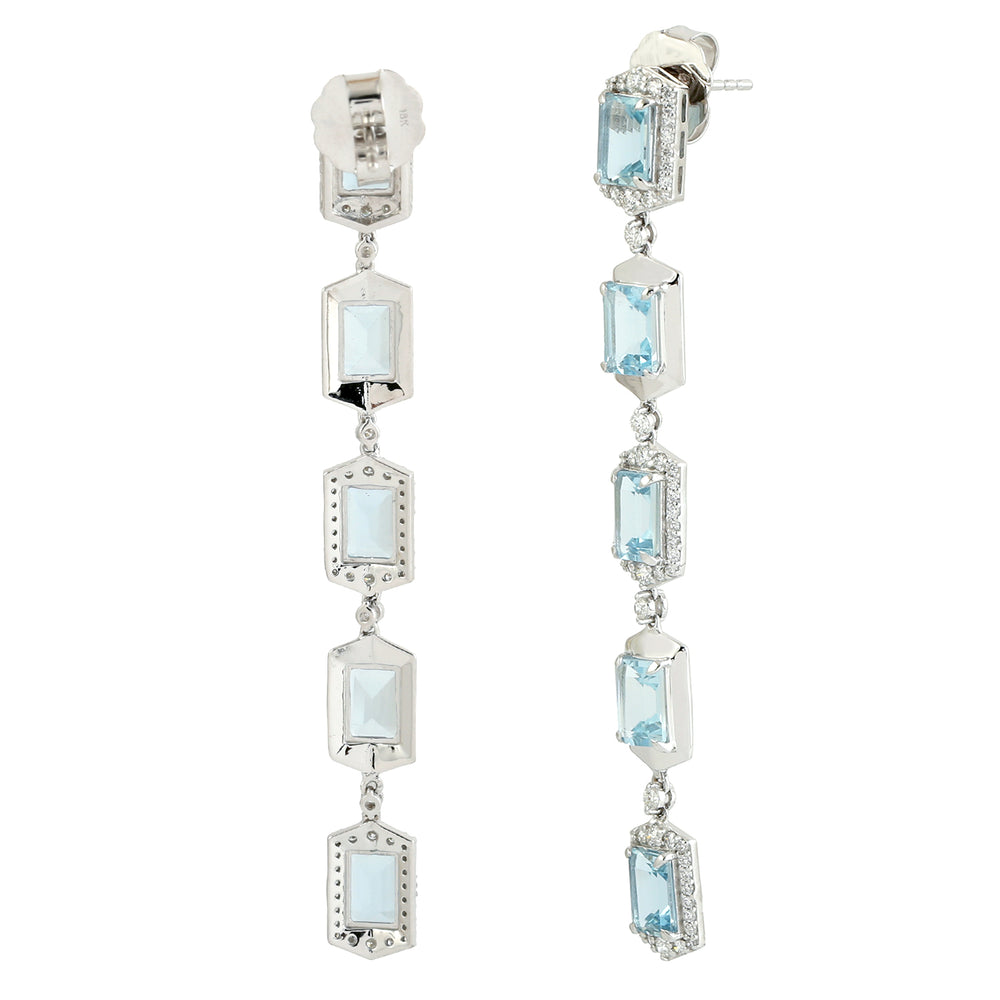 Baguette Aquamarine March Birthstone Pave Diamond Long Danglers in 18k White Gold