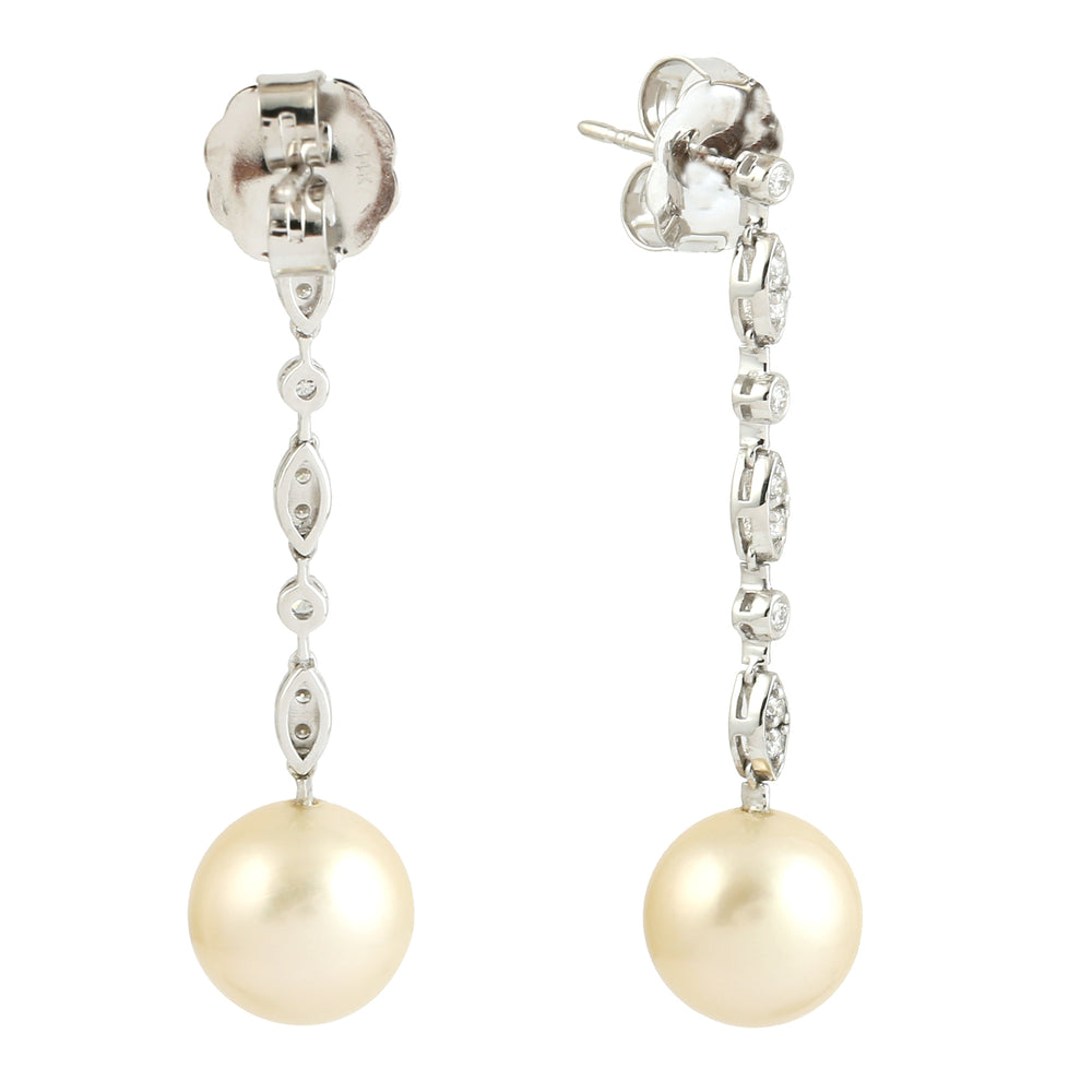 Natural Diamond Pearl Drop Long Earrings 14k White Gold