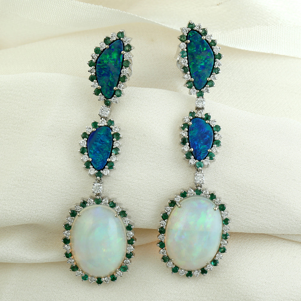 Opal Doublet Ethopian Emerald Diamond Earrings Anniversary Gift In 18k WhiTe Gold