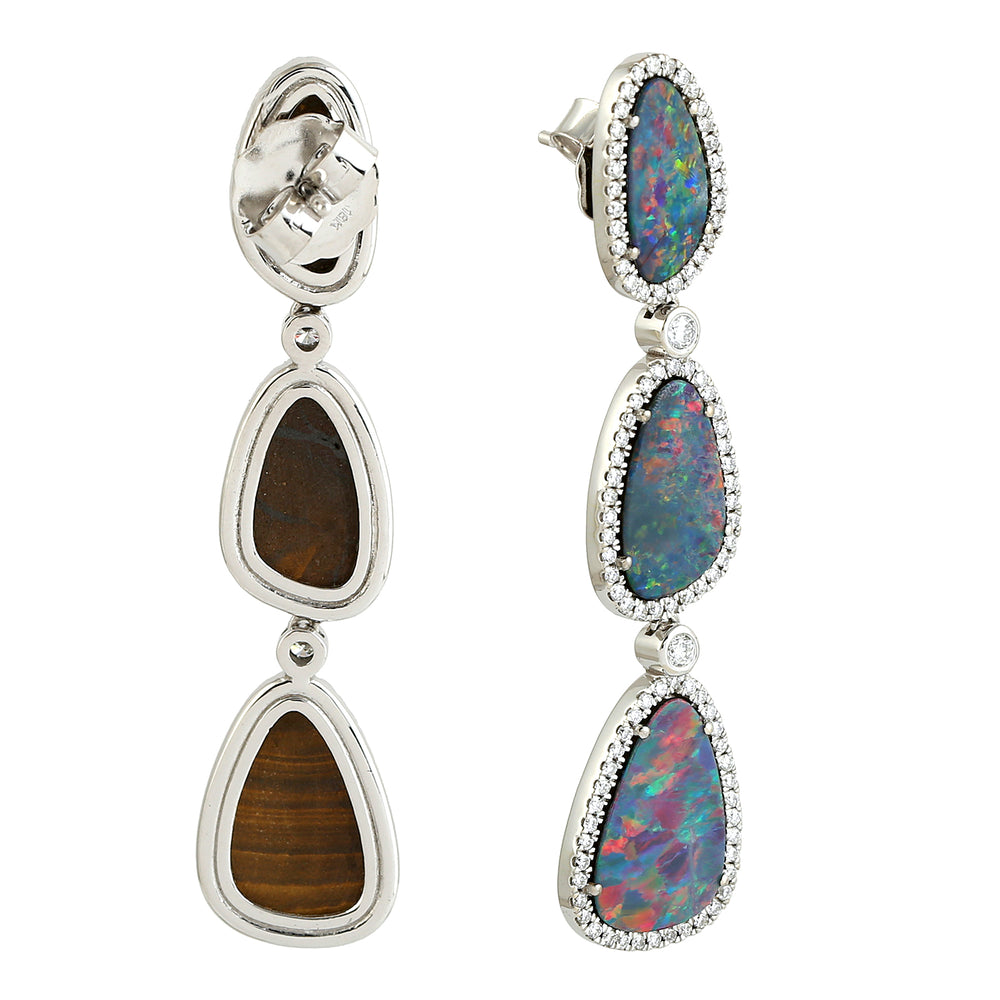 Opal Doublet Beautiful Danglers Earrings Prong Diamond Jewelry in 18k White Gold