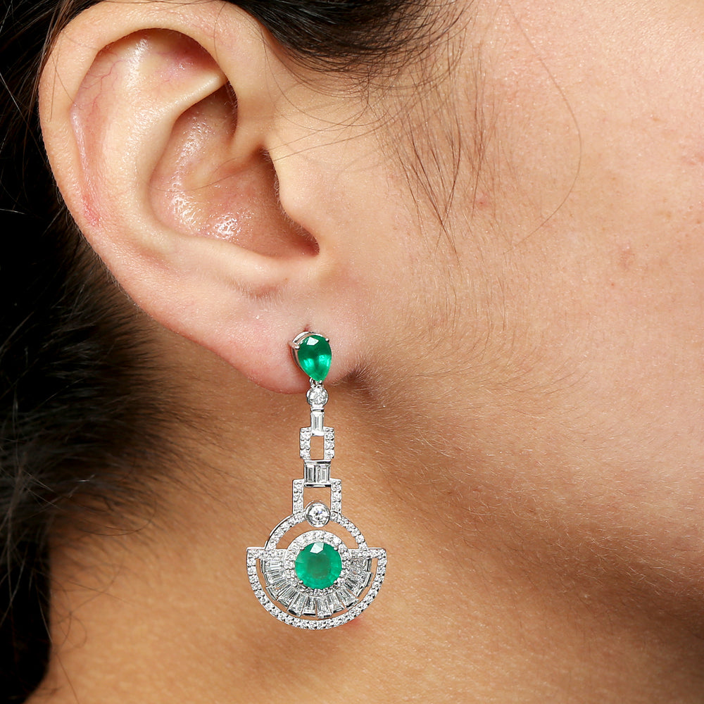 Emerald Diamond Designer Handmade Danglers In 18k White Gold