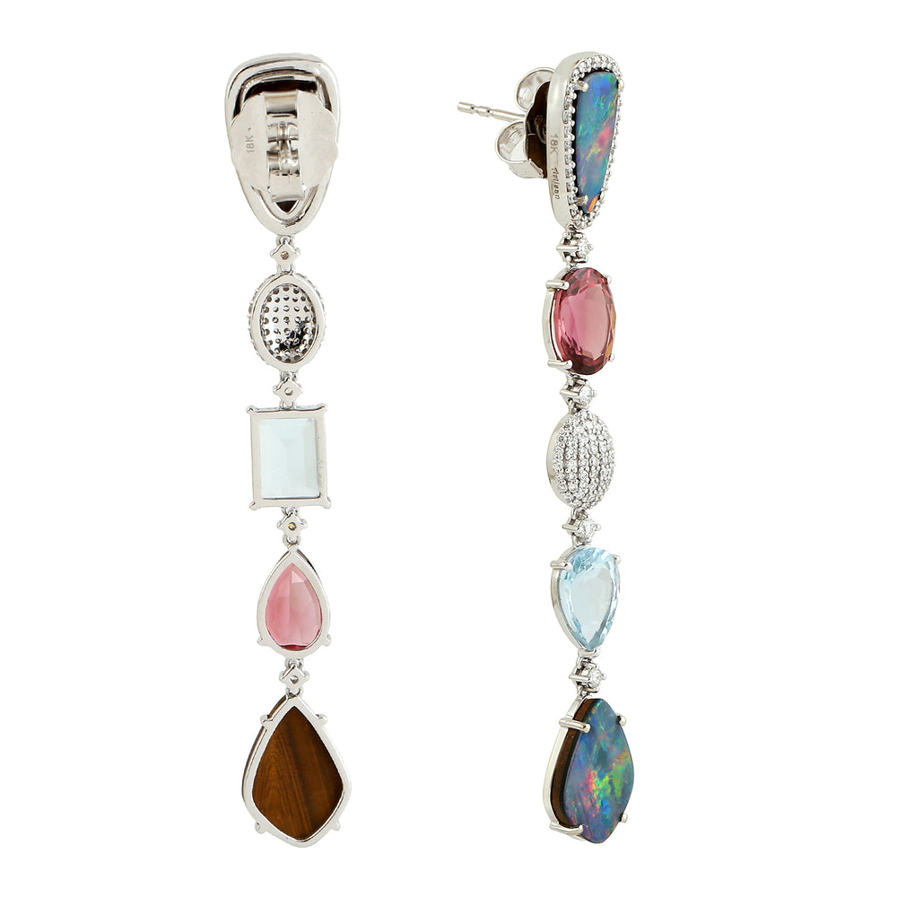 Pink Tourmaline Diamond Aquamarine Diamond Long Drop Danglers In 18k White  Gold Gift