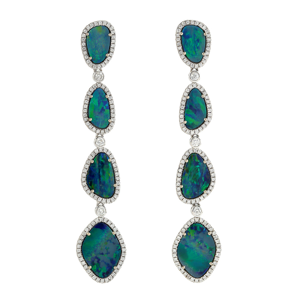 Opal Doublet Diamond Long Drop Danglers In 18k White Gold