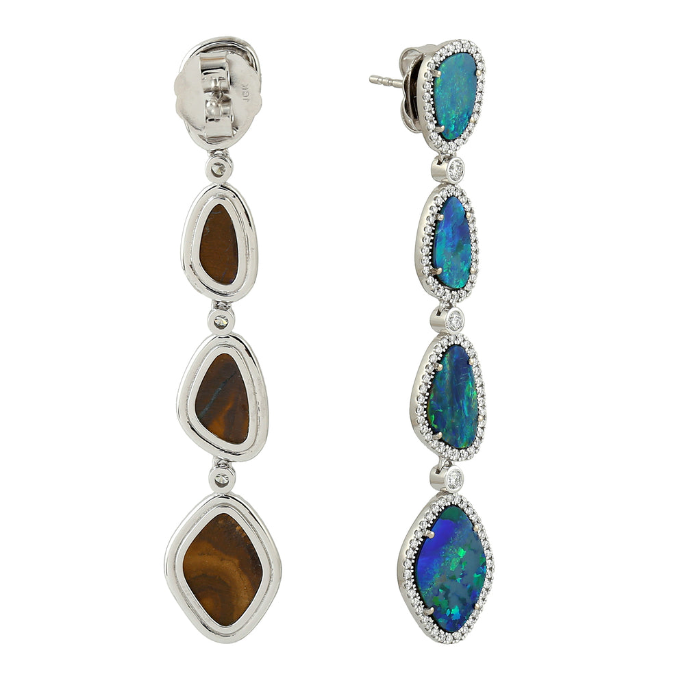 Opal Doublet Diamond Long Drop Danglers In 18k White Gold